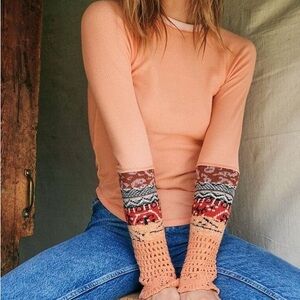 Orange Long Sleeve Knit thermal Top with Patterned Sleeves